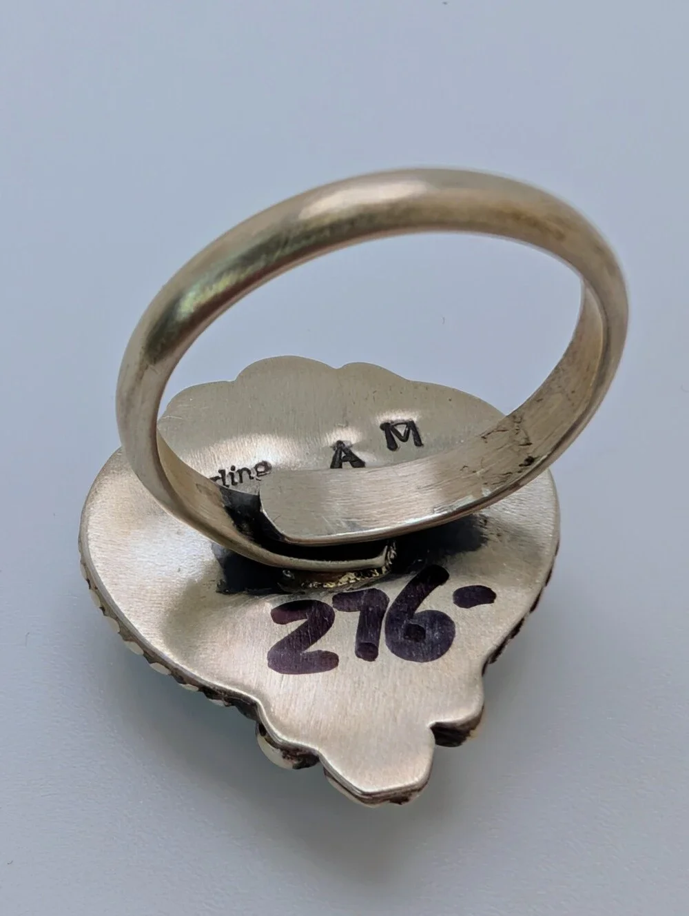 Kingman Turquoise Native Signed Adjustable Heart Ring S925 Sterling Silver